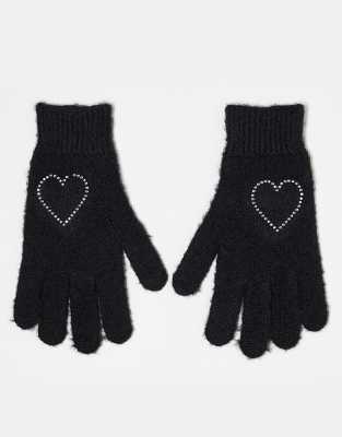 gloves with rhinestone heart in black