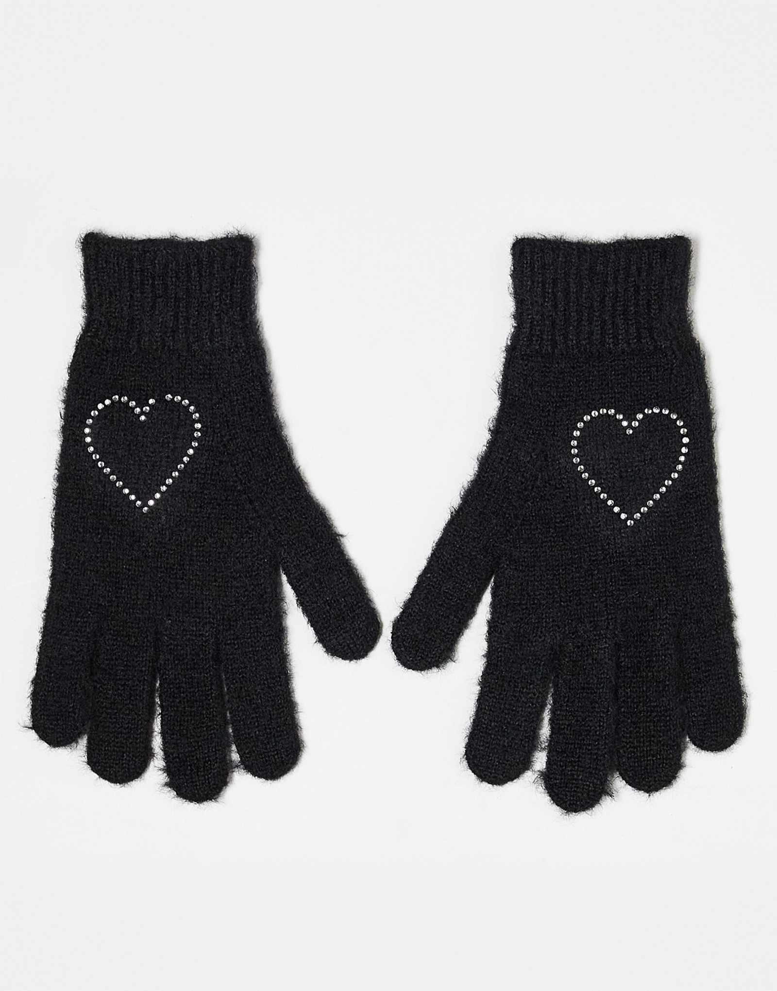 Перчатки Monki с сердечком из горного хрусталя черного цвета