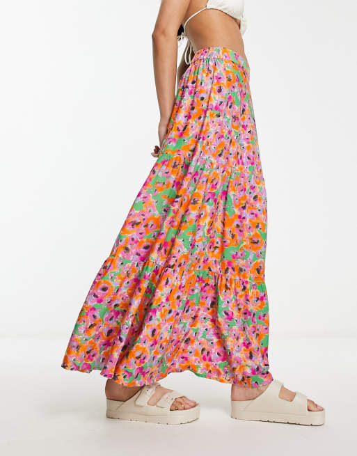 Monki - Gonna lunga a balze rosa con stampa a fiori