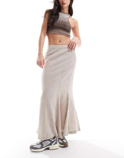 Monki - Gonna lunga a tubino con orlo a sirena in lino beige