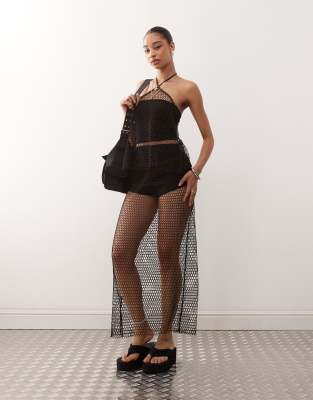 Monki - Gonna lunga in rete marrone cioccolato in coordinato - view 1