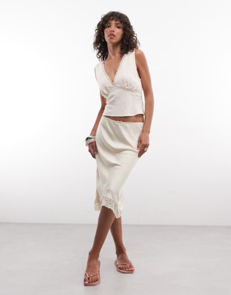 Monki - Gonna midi in pizzo effetto raso beige - view 1