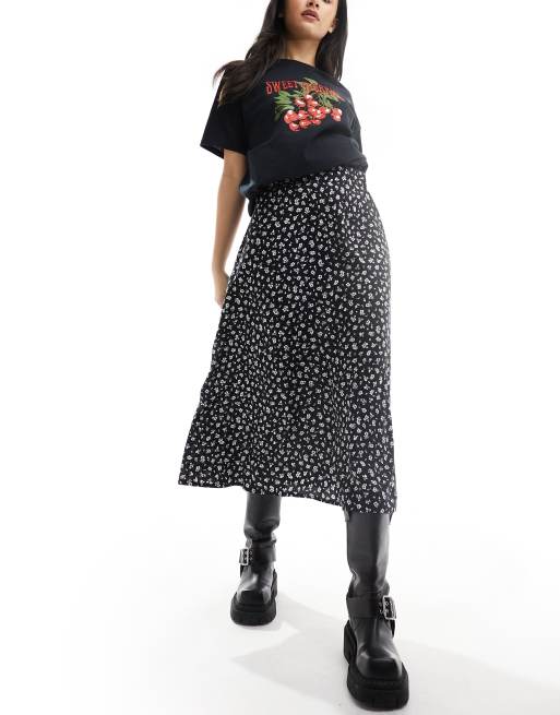 Monki - Gonna midi nera a fiori