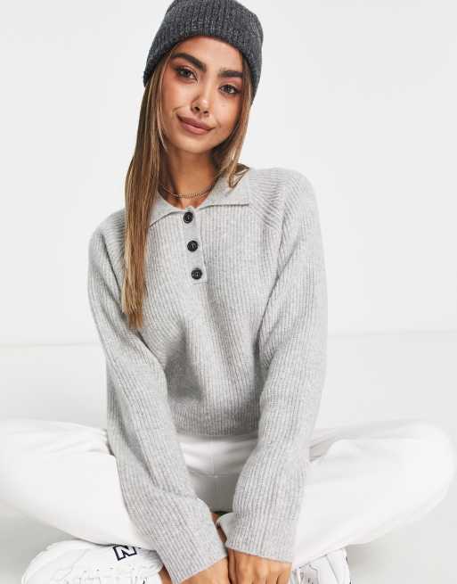 Monki – Gråmelerad sticka tröja med pikékrage
