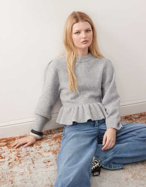 Monki - Gråmeleret striktrøje med peplum-flæsekant - view 1