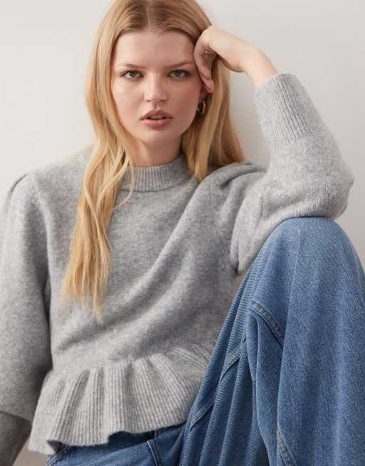 Monki - Gråmeleret striktrøje med peplum-flæsekant, 2 af 4