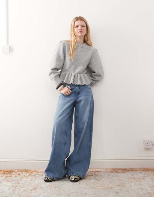 Monki - Gråmeleret striktrøje med peplum-flæsekant, 3 af 4