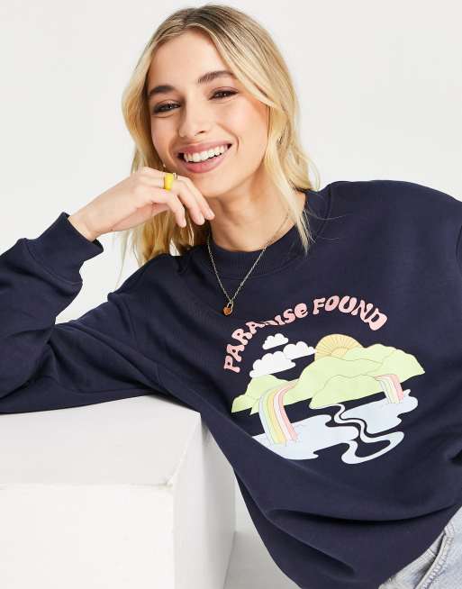 Monki – Granatowa bluza dresowa z bawełny z nadrukiem – NAVY