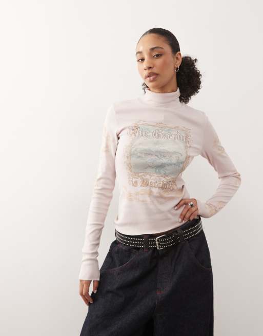 Monki graphic print turtleneck long sleeve top in pink, 4 of 4