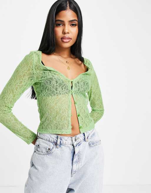 Monki - Grøn cardigan i transparent blondestof