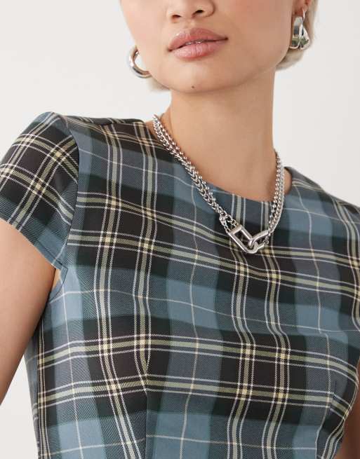 Monki - Grøn skræddersyet bluse med ternet print, 3 af 4