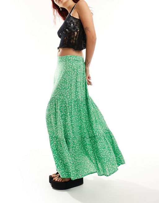 Monki – Grön panelsydd maxikjol med blommigt mönster