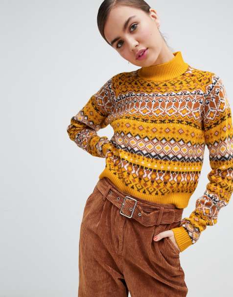 Monki – Gul Fair Isle-mönstrad tröja i beskuren modell med hög krage - view 1