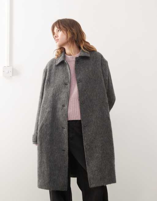 Monki hairy faux wool coat in dark grey