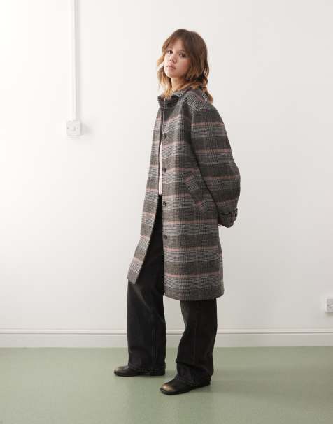 Monki hairy faux wool coat in gray plaid - view 1