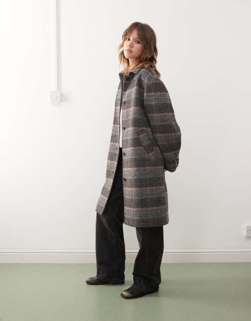 Monki hairy faux wool coat in gray plaid 