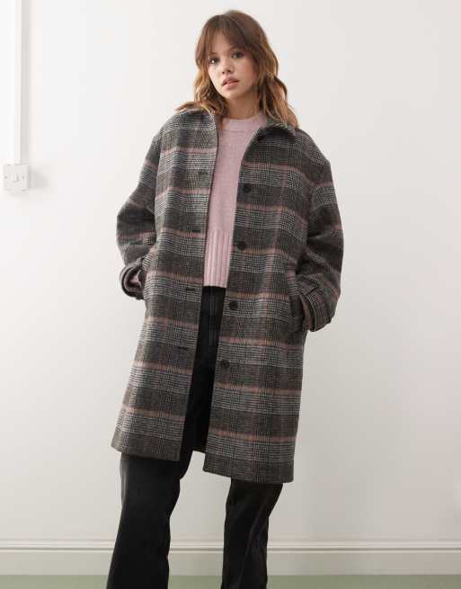 Monki hairy faux wool coat in grey check 