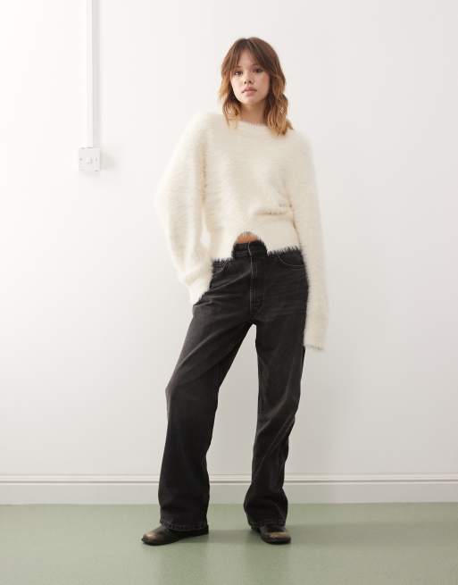 Monki hairy knit sweater with front slit detail in off white