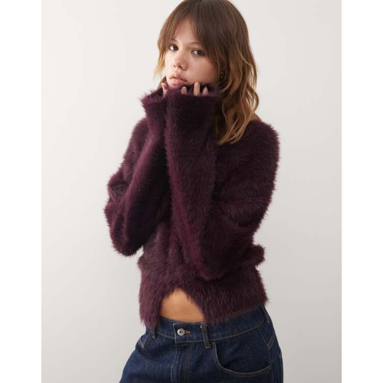 Monki hairy knit sweater with front slit detail in plum | ASOS