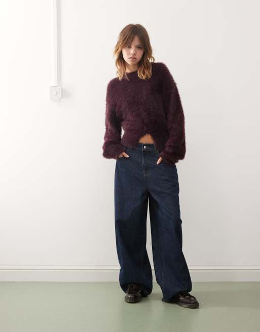 Monki hairy knit sweater with front slit detail in plum