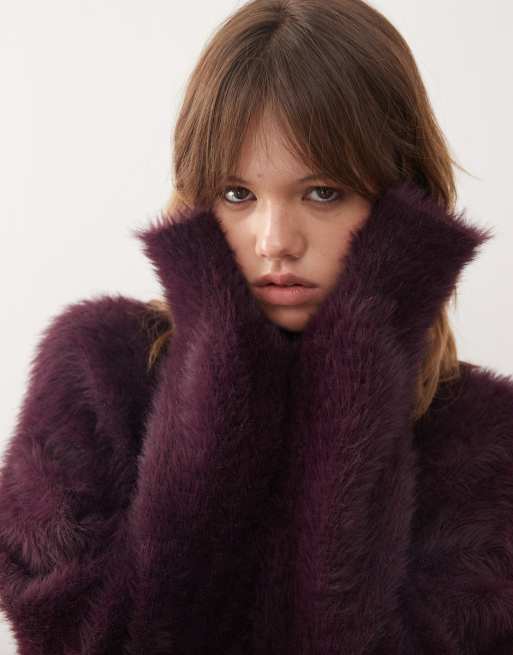 Monki hairy knit sweater with front slit detail in plum