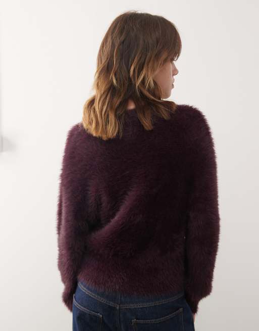Monki hairy knit sweater with front slit detail in plum