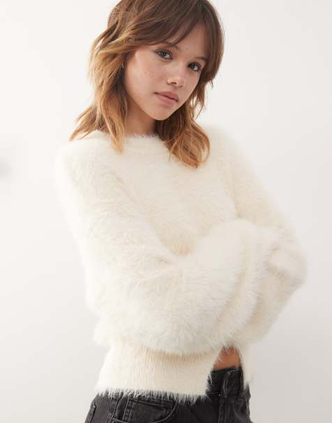Monki hairy knitted jumper with front slit detail in off white - view 1