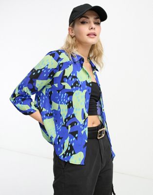 Monki half sleeve shirt in blue and green print