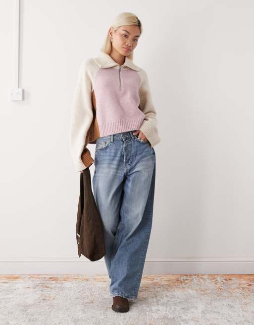 Monki half zip color block sweater in pink and cream