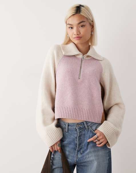 Monki half zip colour block jumper in pink and cream - view 1