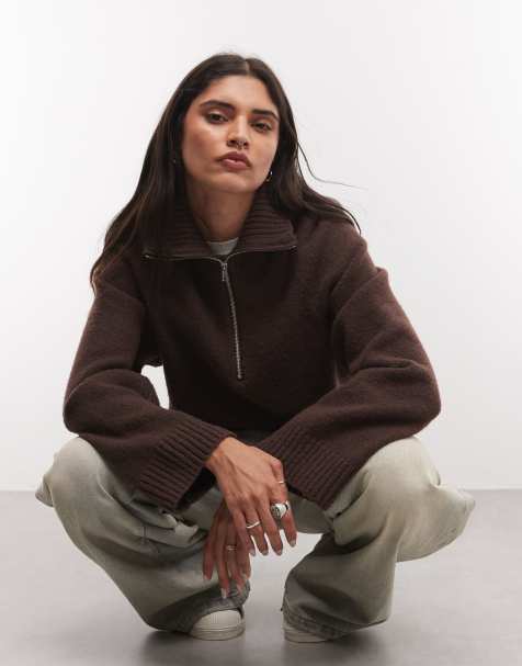 Monki half zip jumper in chocolate brown - view 1
