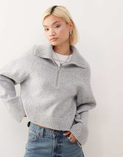 Monki half zip jumper in grey melange