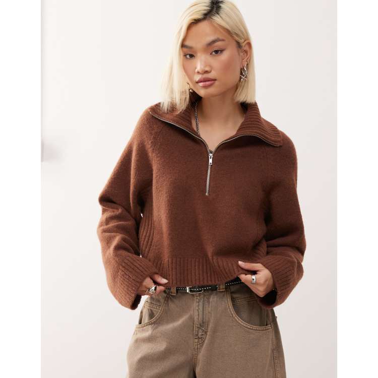 Monki half zip sweater in chocolate brown | ASOS