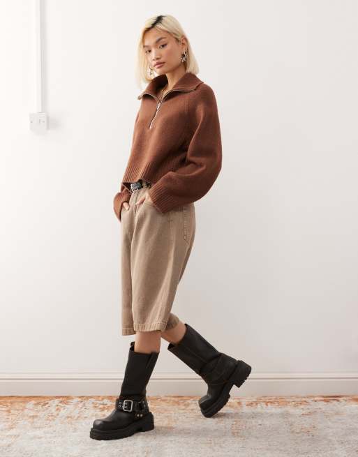 Monki half zip sweater in chocolate brown