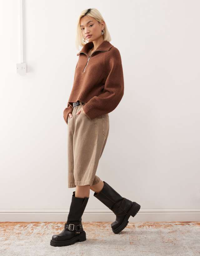 Monki half zip sweater in chocolate brown | ASOS