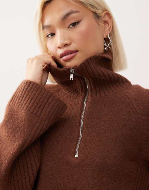 Monki half zip sweater in chocolate brown | ASOS