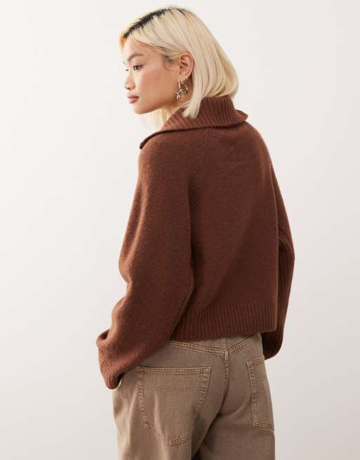 Monki half zip sweater in chocolate brown
