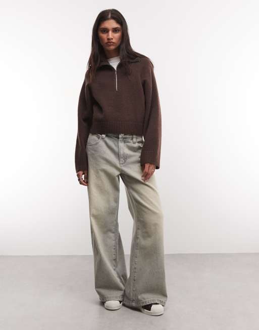 Monki half zip sweater in chocolate brown, 2 of 4
