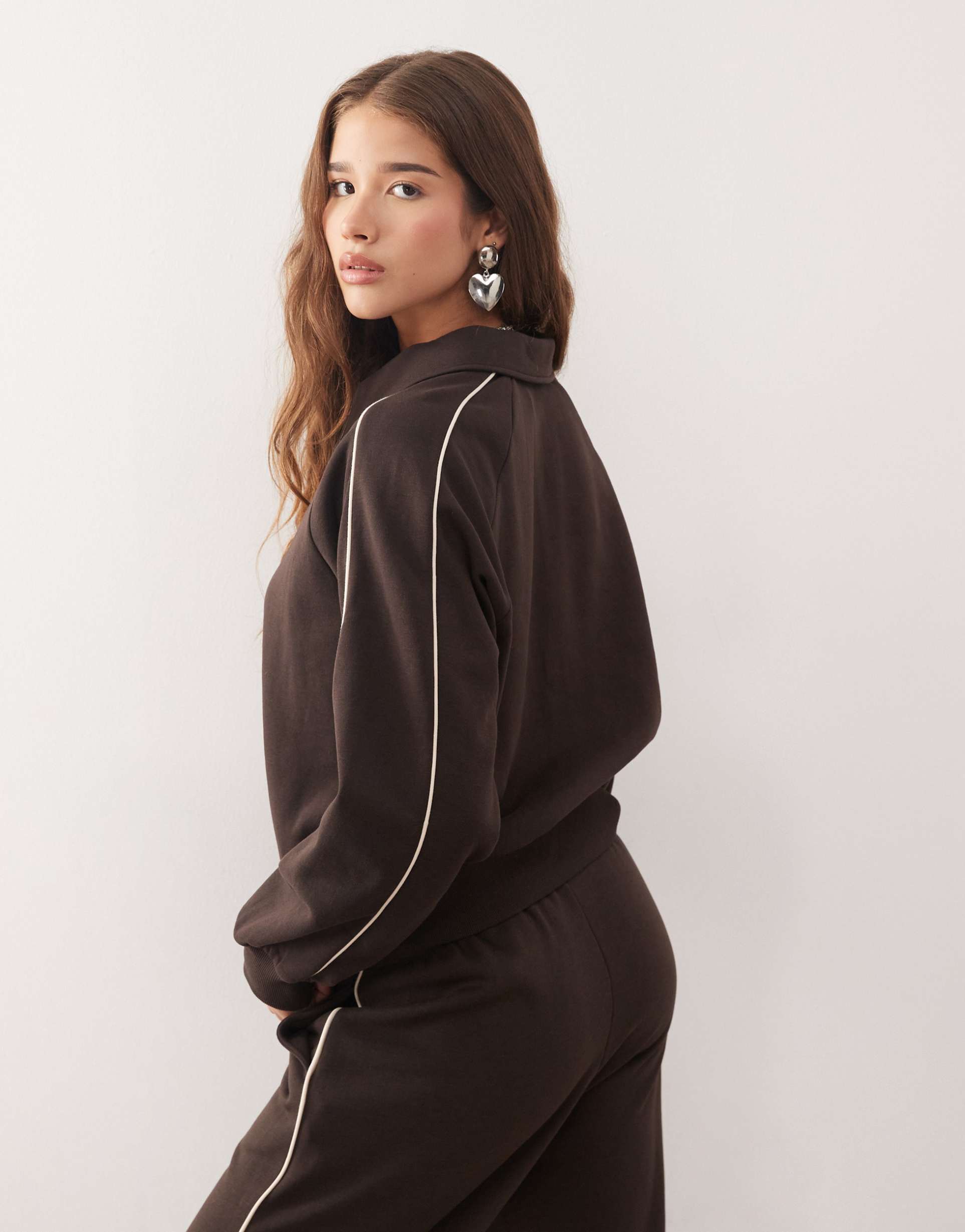 monki half zip sweatshirt with beige piping detail in dark chocolate brown - part of a set