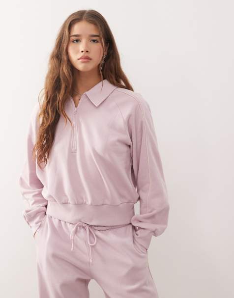 Monki half zip sweatshirt with beige piping detail in light pink - part of a set - view 1