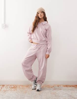 Monki Half Zip Sweatshirt With Beige Piping Detail In Pink