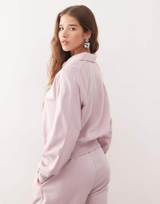 Monki half zip sweatshirt with beige piping detail in light