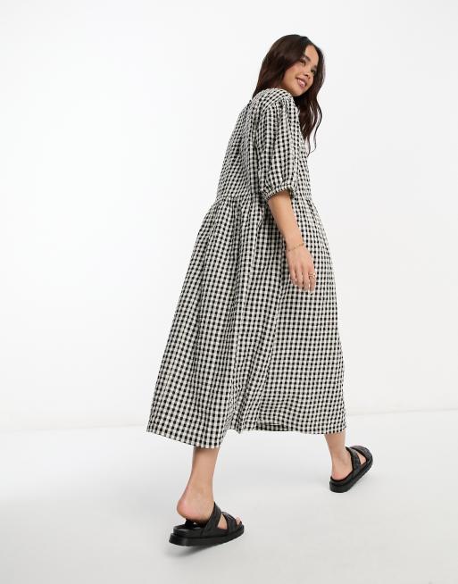 Monki - Halflange seersucker smockjurk met zwart-witte gingham ruit, 4 van 4