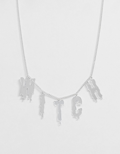 Monki Halloween witch slogan necklace in silver