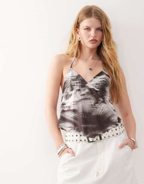 Monki halter neck cami with front tie cut out detail in brown dot print - view 1