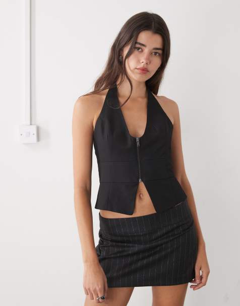 Monki halter neck open back zip front vest in black - view 1
