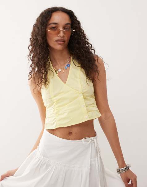 Monki halter neck wrap top with ruched sides in pale yellow - view 1