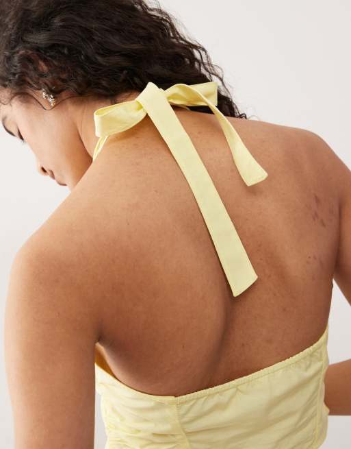 Monki halter neck wrap top with ruched sides in pale yellow, 2 of 4