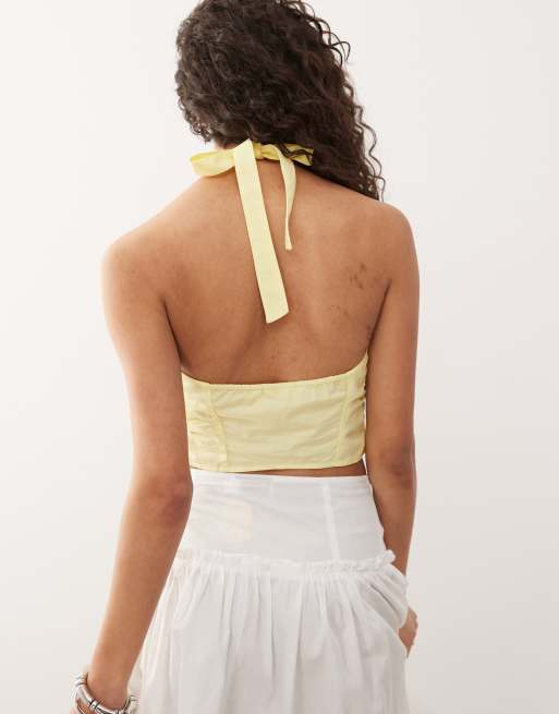 Monki halter neck wrap top with ruched sides in pale yellow, 4 of 4