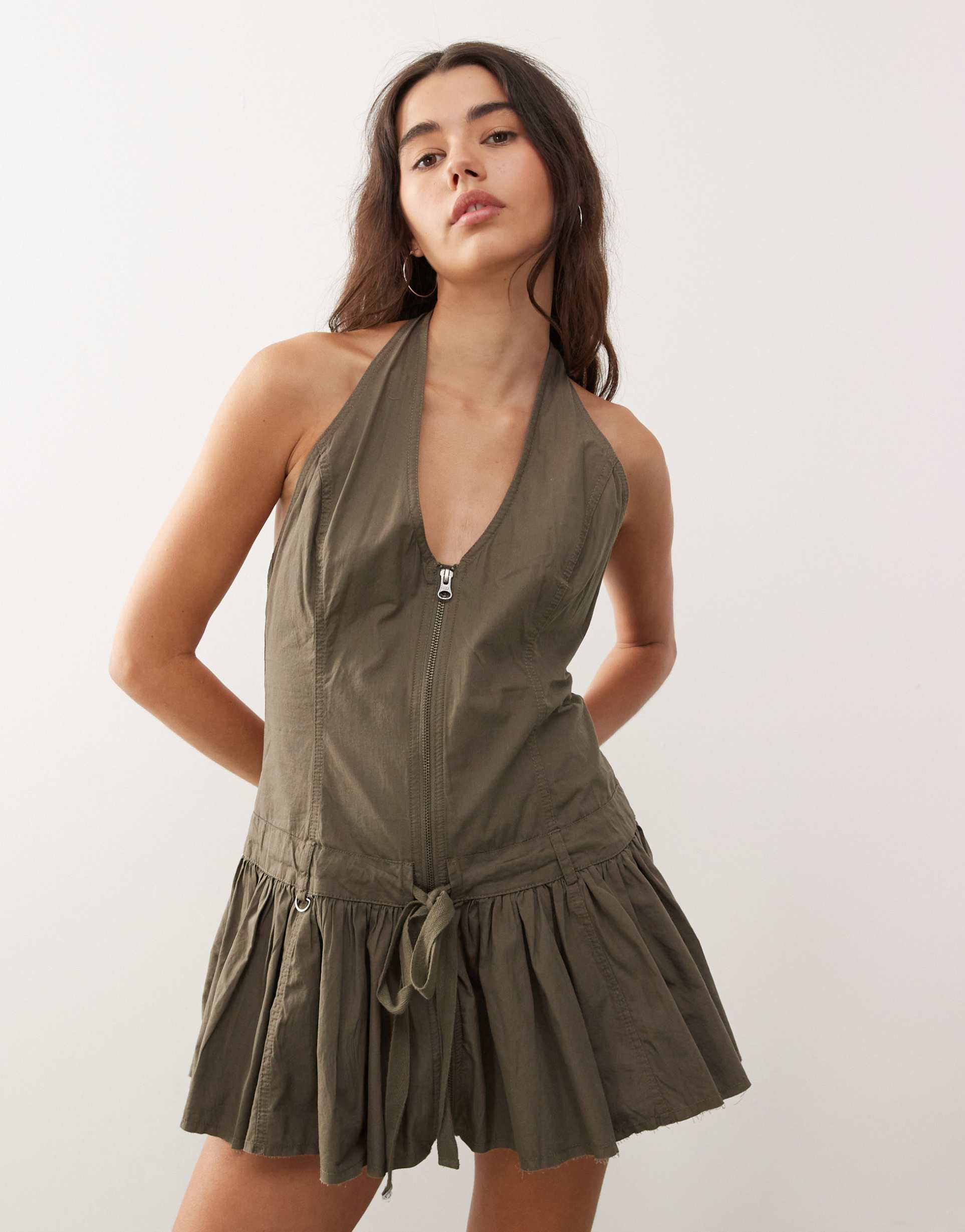 monki halter tie neck corset dress with zip front detail in khaki green